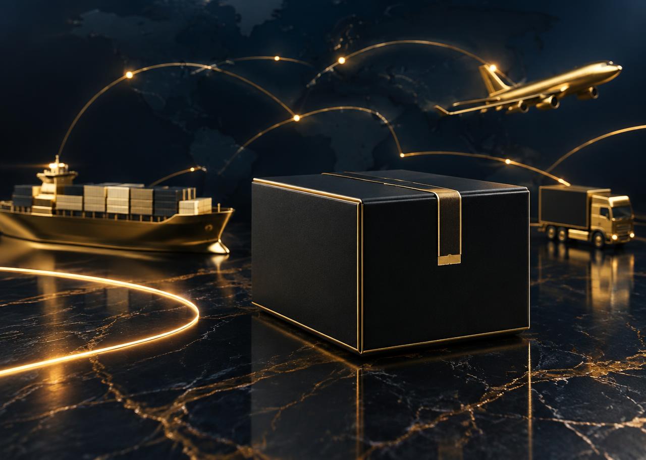 Matte black parcel with gold trim and global dispatch routes