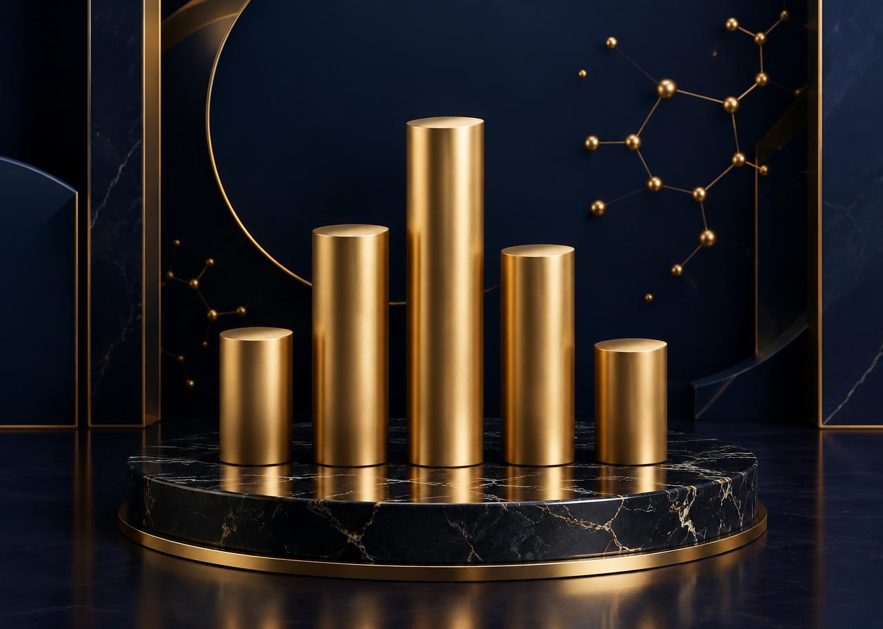 Five gold pillars on dark marble
